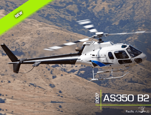 2007 AS350 B2 located in New Zealand, this well-equipped helicopter features a Pilot Seat Shift Kit, Cargo Hook Swing & Mirror and Baggage Cheeks.
